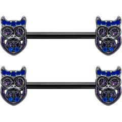 14G 9/16 Purple Blue Gem Black Opulent Owl Barbell Nipple Ring Set