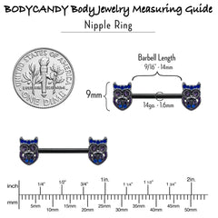 14G 9/16 Purple Blue Gem Black Opulent Owl Barbell Nipple Ring Set