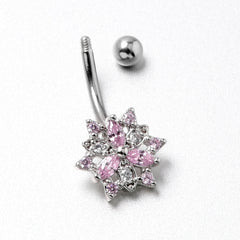 16G 5/16 Pink Clear CZ Gem Snowflake Style Curved Eyebrow Ring