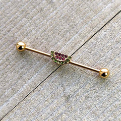 14G Pink Green Gem Gold Hue Watermelon Yum Industrial Barbell 38mm