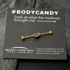 14G Pink Green Gem Gold Hue Watermelon Yum Industrial Barbell 38mm