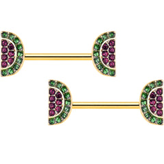 14G 9/16 Pink Gem Gold Hue Watermelon Yum Barbell Nipple Ring Set