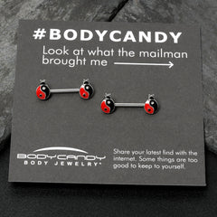 14G 9/16 Clear Gem Ladybug Yin Yang Barbell Nipple Ring Set