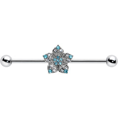 14G Blue Clear Gem Opulent Flower Industrial Barbell 38mm