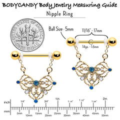 14G 9/16 Blue Gem Gold Tone Lacy Rhombus Dangle Nipple Ring Set