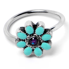 20G 5/16 Blue Gem Flower Teal Petals Nose Hoop