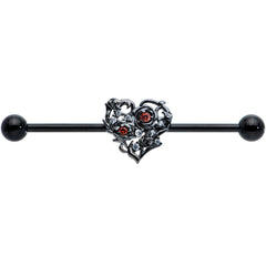 14G Clear Red CZ Gem Black Heart Floral Industrial Barbell 38mm