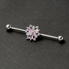 14G Pink Clear CZ Gem Snowflake Style Industrial Barbell 38mm