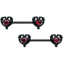 14G 9/16 Red CZ Gem Black Passion Heart Barbell Nipple Ring Set