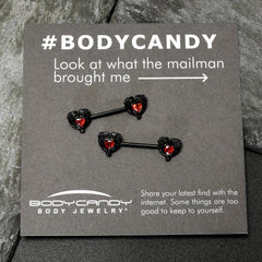 14G 9/16 Red CZ Gem Black Passion Heart Barbell Nipple Ring Set