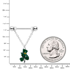 14G 9/16 Green Gem Top Hat Shamrock Chain Dangle Nipple Ring Set