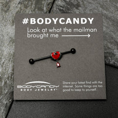 14G Red CZ Gem Black Duo Skull Heart Dangle Industrial Barbell 38mm
