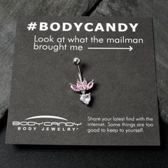Clear Pink CZ Gem Crown And Heart Dangle Belly Ring