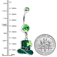 Green Gem Glitter Top Hat Shamrock St Patricks Day Dangle Belly Ring