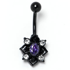 Purple Clear Gem Black Scrolling Hearts Belly Ring