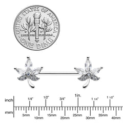 14G 3/4 Clear CZ Gem Pot Leaf Barbell Nipple Ring Set