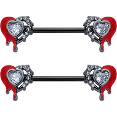 14G 9/16 Clear Gem Black Bleeding Heart Barbell Nipple Ring Set