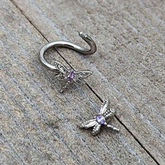 Purple CZ Gem Open Dragonfly Spiral Twister Belly Ring