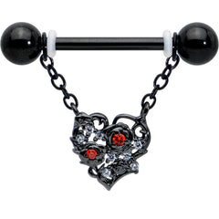 14G 9/16 Red CZ Gem Black Floral Heart Chain Dangle Nipple Ring Set