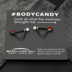 14G 9/16 Red CZ Gem Black Heart Hand Chain Dangle Nipple Ring Set