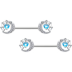 14G 9/16 Blue CZ Gem Heart Web Moon Barbell Nipple Ring Set