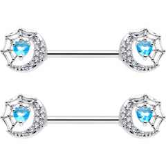 14G 9/16 Blue CZ Gem Heart Web Moon Barbell Nipple Ring Set