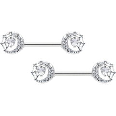 14G 9/16 Clear CZ Gem Heart Web Moon Barbell Nipple Ring Set