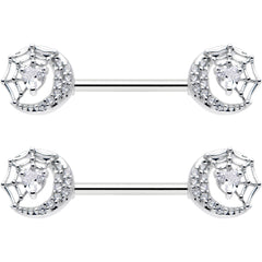 14G 9/16 Clear CZ Gem Heart Web Moon Barbell Nipple Ring Set