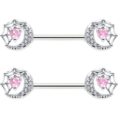 14G 9/16 Pink CZ Gem Heart Web Moon Barbell Nipple Ring Set