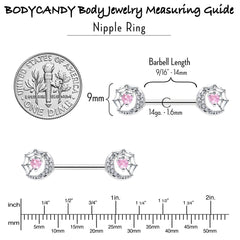 14G 9/16 Pink CZ Gem Heart Web Moon Barbell Nipple Ring Set