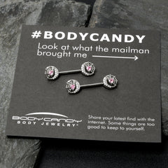 14G 9/16 Pink CZ Gem Heart Web Moon Barbell Nipple Ring Set
