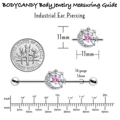 14G Pink CZ Gem Heart Web Moon Industrial Barbell 38mm