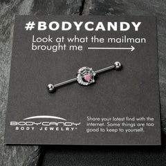 14G Pink CZ Gem Heart Web Moon Industrial Barbell 38mm