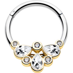 16G 3/8 Clear Gem Golden Crown Deluxe Hinged Segment Ring