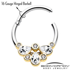 16G 3/8 Clear Gem Golden Crown Deluxe Hinged Segment Ring