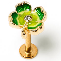 16G 5/16 Clear Gem Gold Tone Lucky Shamrock Labret Monroe Tragus