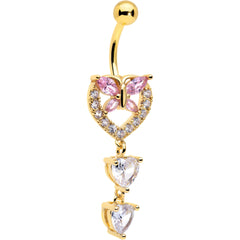 Clear Pink CZ Gem Gold Tone Heart Butterfly Double Dangle Belly Ring