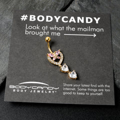 Clear Pink CZ Gem Gold Tone Heart Butterfly Double Dangle Belly Ring