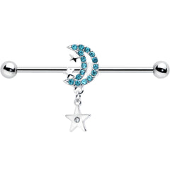 14G Blue CZ Gem Moon Dangle Star Industrial Barbell 38mm