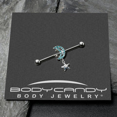 14G Blue CZ Gem Moon Dangle Star Industrial Barbell 38mm