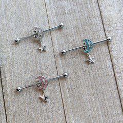 14G Blue CZ Gem Moon Dangle Star Industrial Barbell 38mm