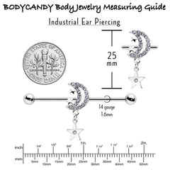 14G Clear CZ Gem Moon Dangle Star Industrial Barbell 38mm