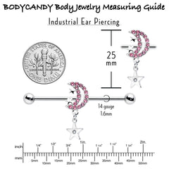 14G Pink CZ Gem Moon Dangle Star Industrial Barbell 38mm