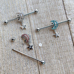 14G Pink CZ Gem Moon Dangle Star Industrial Barbell 38mm