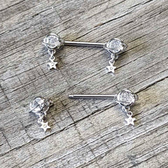 14G 9/16 Clear CZ Gem Starry Saturn Dangle Nipple Ring Set