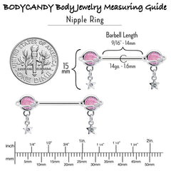 14G 9/16 Pink CZ Gem Starry Saturn Dangle Nipple Ring Set