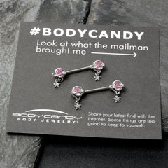 14G 9/16 Pink CZ Gem Starry Saturn Dangle Nipple Ring Set