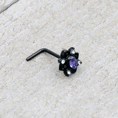20G 7mm Purple Gem Black Scrolling Hearts L Shape Nose Ring