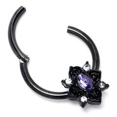 16G 3/8 Purple Gem Black Scrolling Hearts Hinged Segment Ring