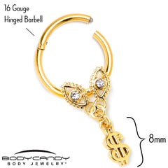 16G 3/8 Clear Gem Gold Hue Seeing Money Dangle Hinged Segment Ring